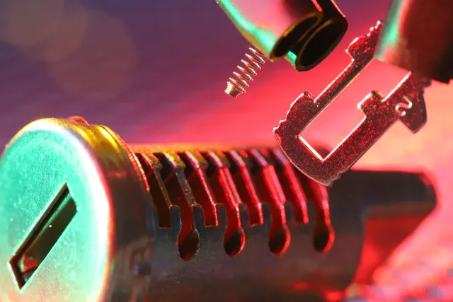 Macro shot of a mechanical lock cylinder and key, highlighting detailed components under vibrant lighting. Wages and labour costs for a locksmith business in 2027