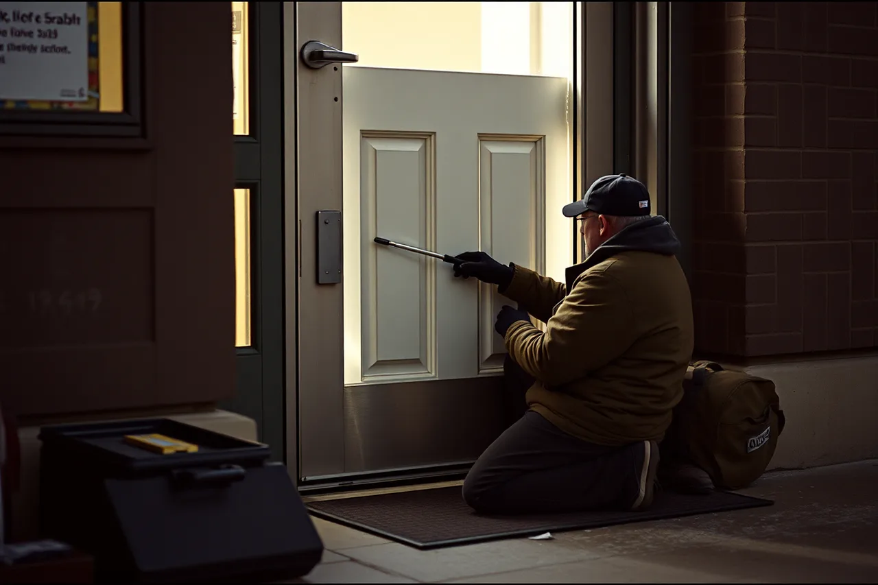 Locksmith adjusting strike plate on commercial door frame (Commercial Locksmith Service Call Checklist for Property Managers)