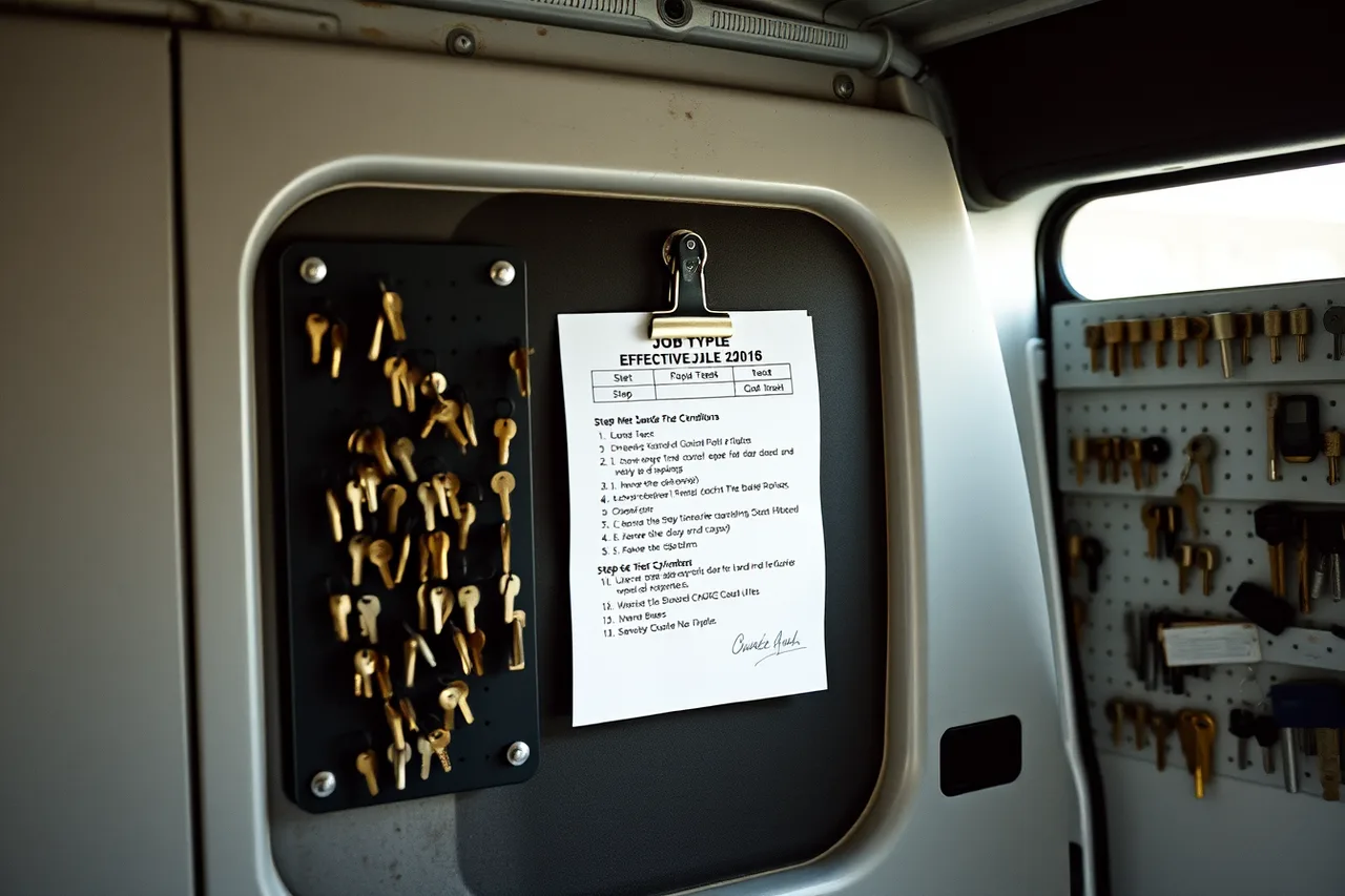 Printed one-page rekey standard clipped inside a locksmith van (Keeping a locksmith business to standard)