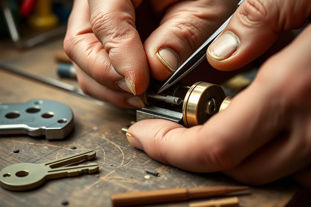Locksmith hands rekeying a brass lock cylinder with pin kit (How a locksmith business turns customers into referrals)