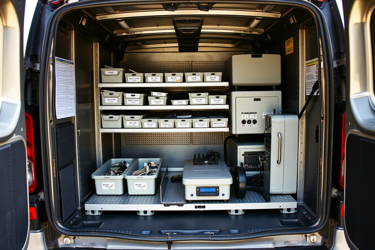 Locksmith van shelving with pinning kits, key blanks and code machine (How to start a locksmith business in six checkable phases)