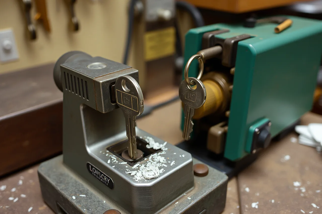 Key duplicating machine cutting a key in a locksmith shop (What IRS rules let a locksmith business deduct?)