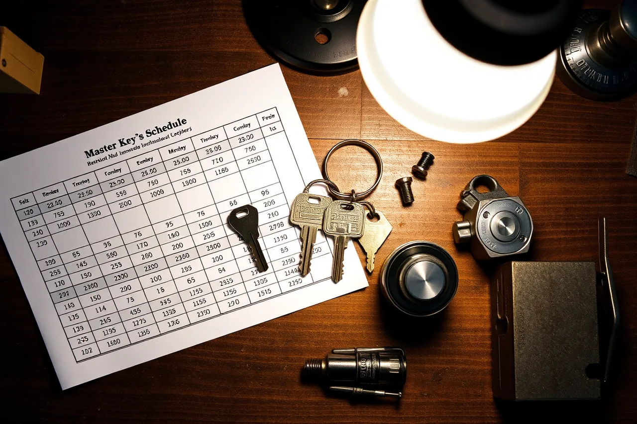 Master key schedule, restricted keyway keys and commercial cylinder on a shop bench (Ranking a locksmith business locally: checklist)