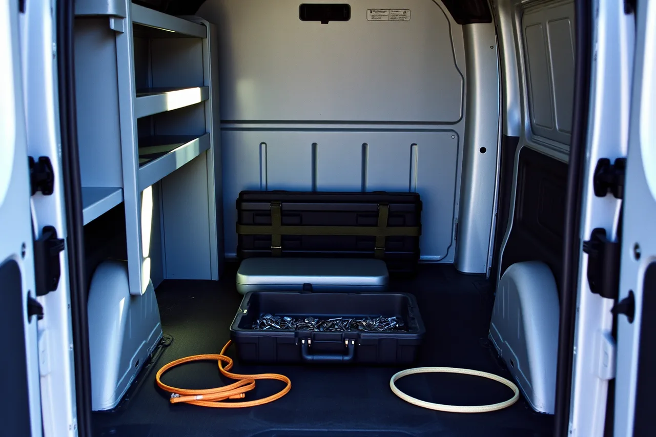 Locksmith van interior with labelled bins and strapped tool cases (7 points on locksmith equipment and setup that matter)