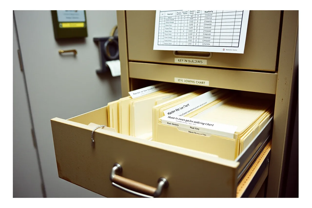 Locked cabinet holding keying records and authorization files (7 points on locksmith equipment and setup that matter)