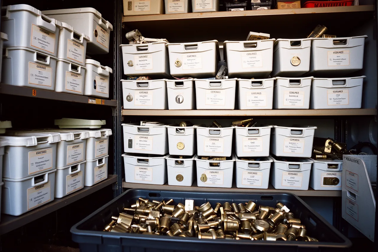 Van shelves of labeled bins holding cylinders, deadbolts and latches (Setting up a locksmith business: the equipment checklist)