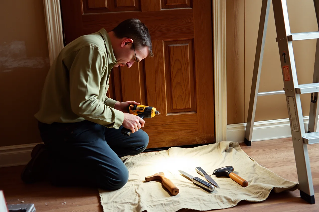 Locksmith drilling a door for a deadbolt with cordless tools (Setting up a locksmith business: the equipment checklist)
