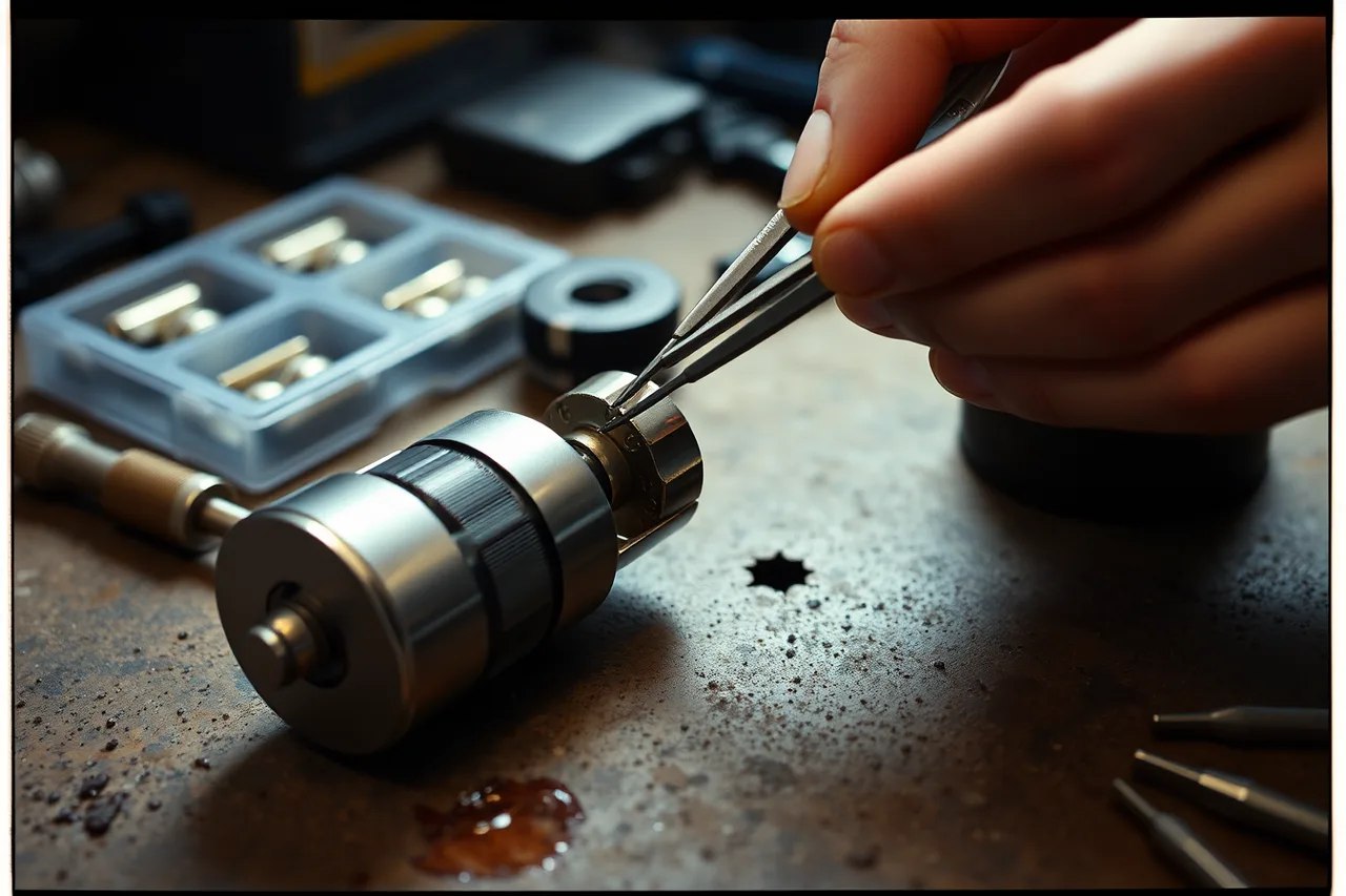Locksmith rekeying a pin tumbler cylinder with plug follower and tweezers (Quoting a locksmith business job: template and real numbers)