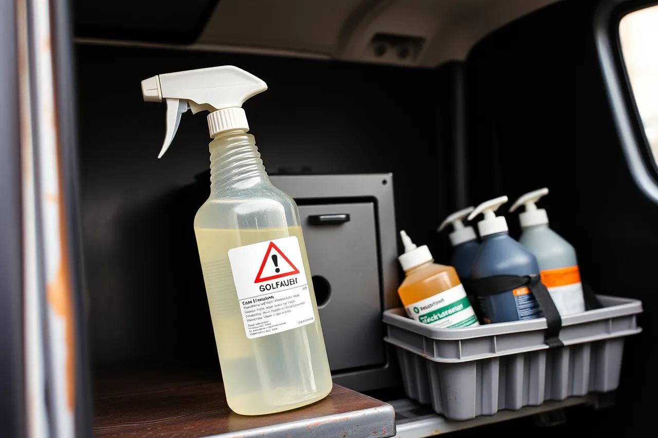 Labeled secondary spray bottle beside a closed metal chemical cabinet in a van (3 OSHA and NIOSH safety rules for locksmith vans)