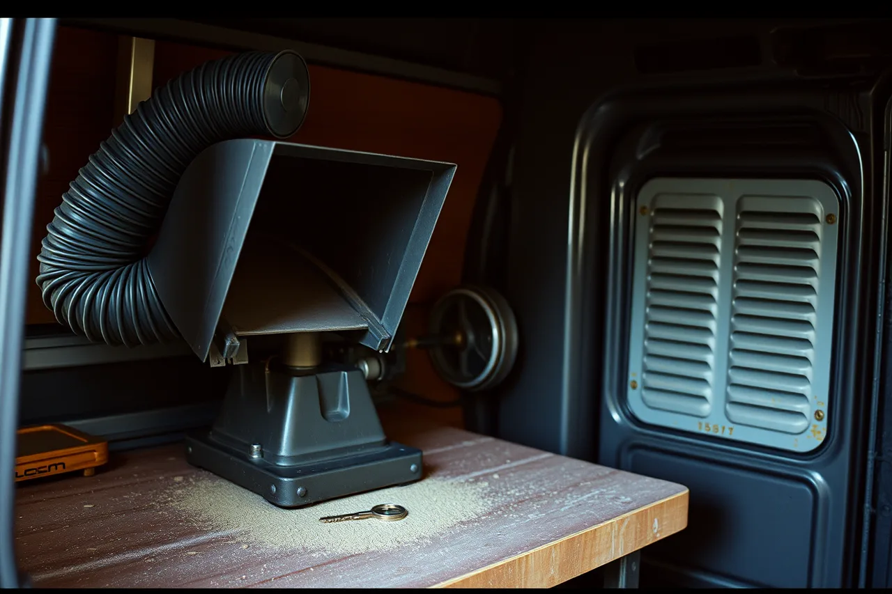 Capture hood and flex duct at a van-mounted key duplicator cutting wheel (3 OSHA and NIOSH safety rules for locksmith vans)