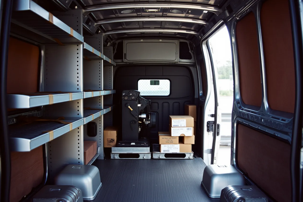 Locksmith van cargo area with strapped shelves and secured key machine (3 OSHA and NIOSH safety rules for locksmith vans)
