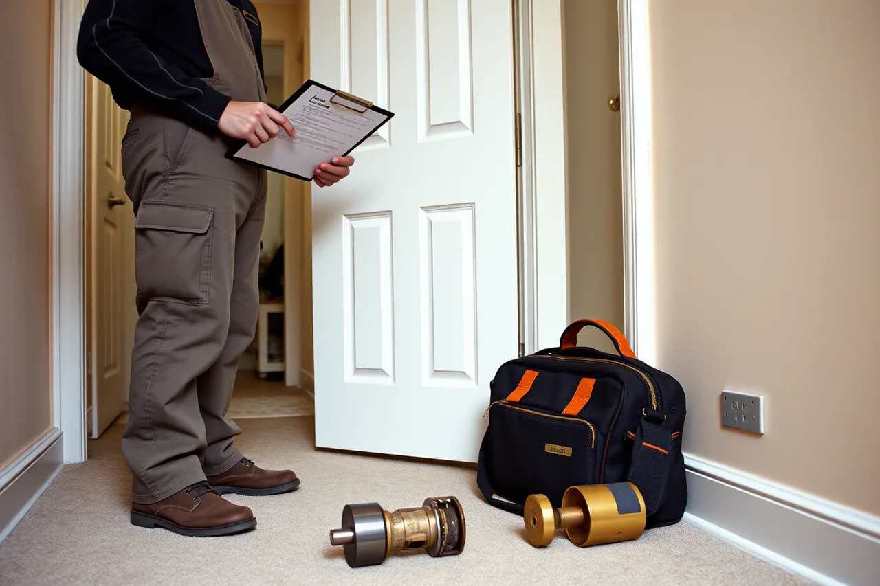 Locksmith checking a lease with a tenant at a door (What a locksmith business hire must learn in the first weeks)